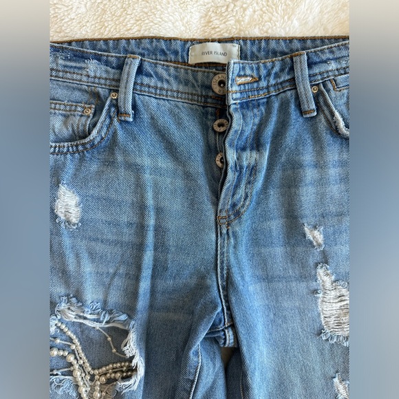River Island distressed mom’s fit jeans with white pearls UK size 8R - Picture 2 of 11